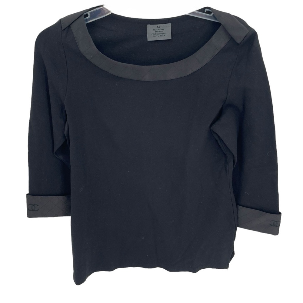 Chanel Blouse Top Size Medium Black Women’s Logo Satin Trim Pullover Rayon nylon